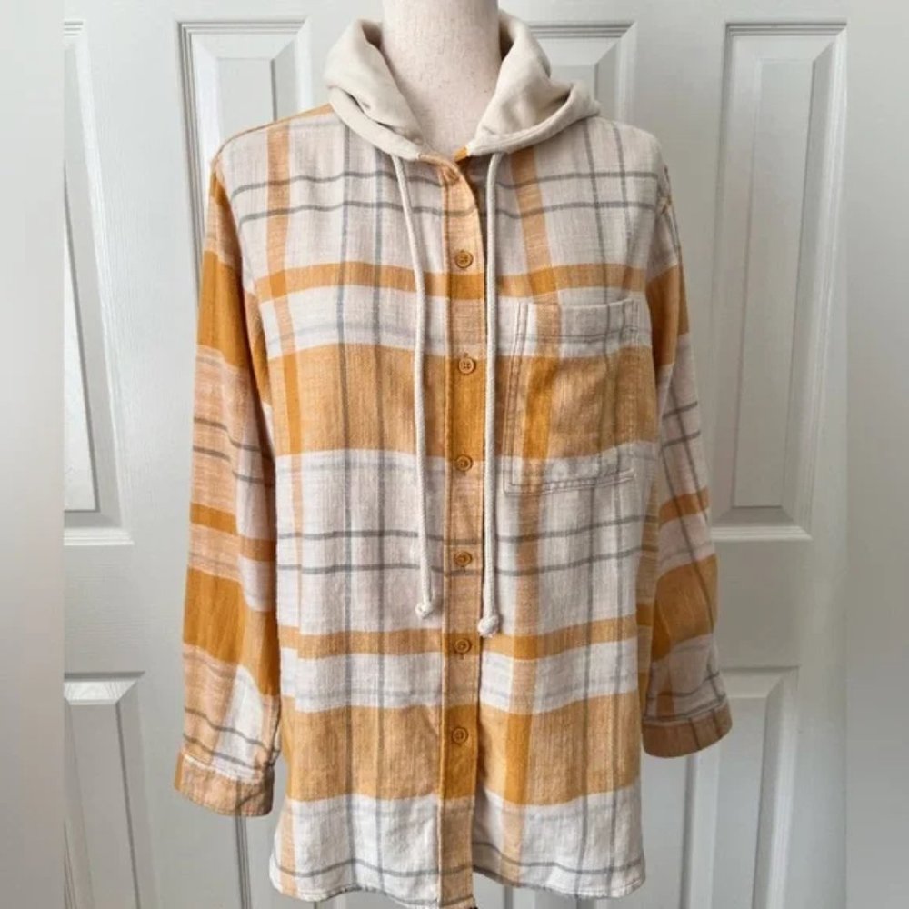 AMERICAN EAGLE HOODED PLAID OUTDOORS WARM COMFY BUTTON UP SHACKET. OVERSIZED XS